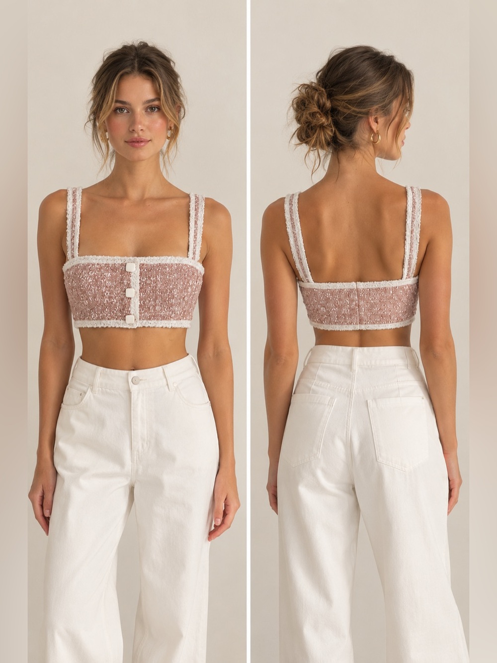 Olivaceous Pink Bouclé Tweed Cropped Bustier Top – Textured Cream Trim, size M